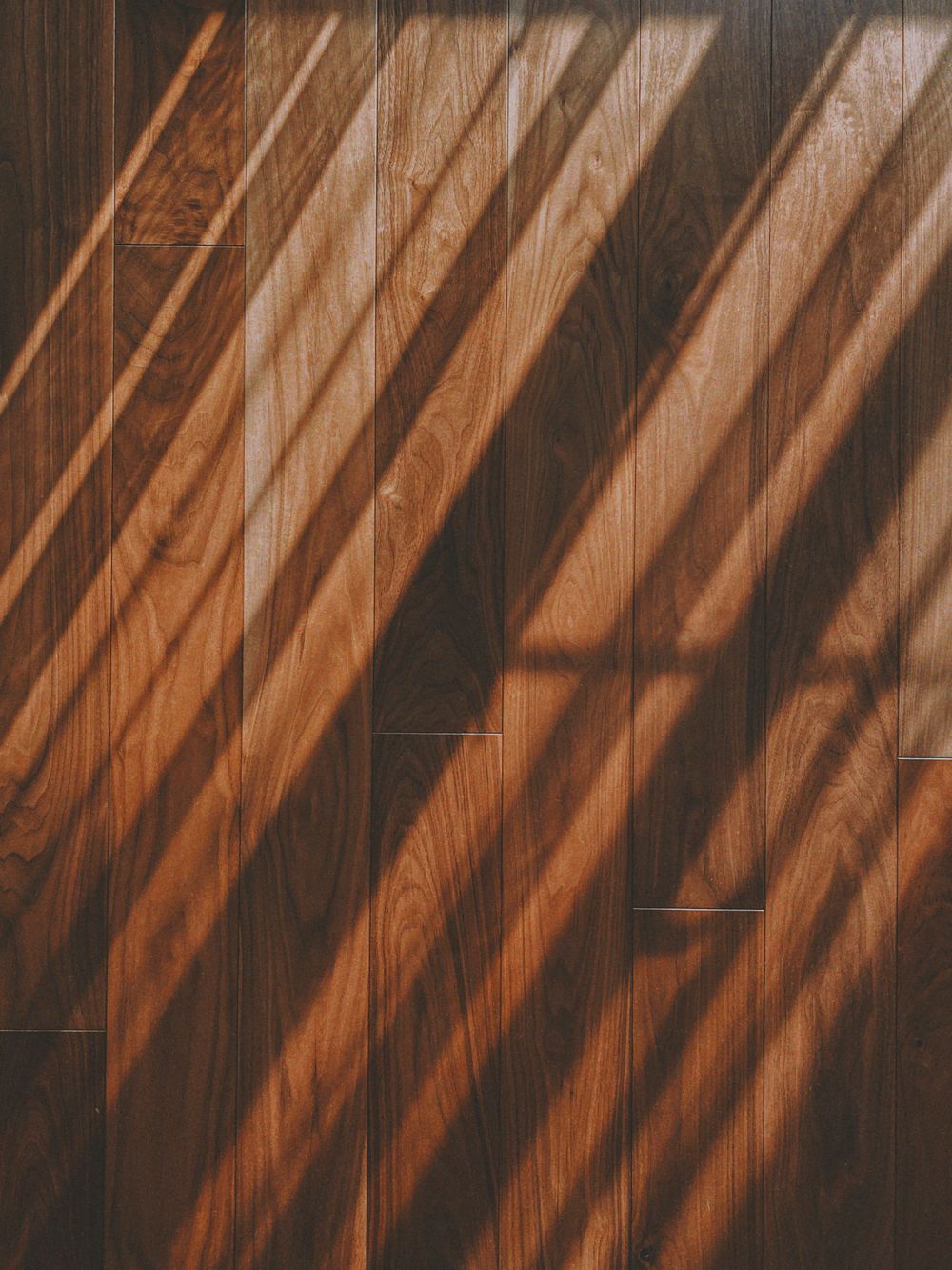 Dark hardwood flooring with sunlight falling across the boards